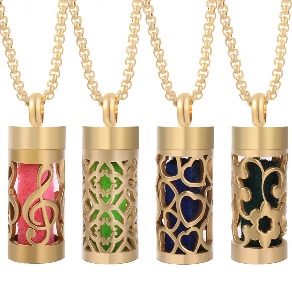New Aromatherapy Anxiety Necklace Openable Cylinder Essential Oil Diffuser Stainless Steel Pendant Perfume Locket Golden Jewelry